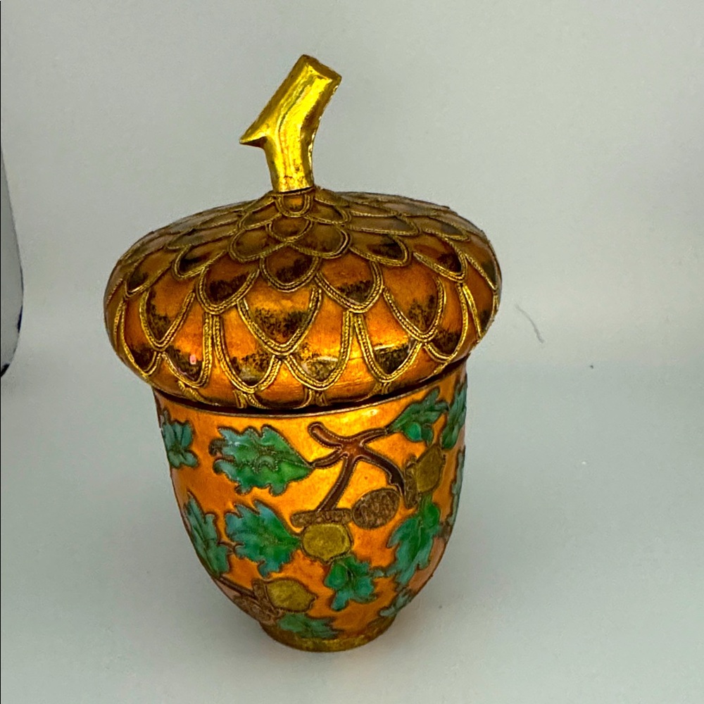 Cloisonné Enamel Acorn Leaf Trinket Box (gold, green and brown)